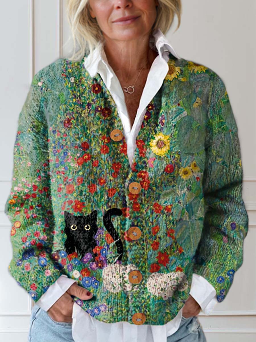 womens-vintage-floral-cat-art-print-buttoned-cardigan-sweater
