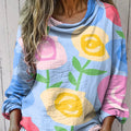 Women's Colorful Hand Drawn Roses Print Casual Long Sleeve Comfortable Cotton Shirt