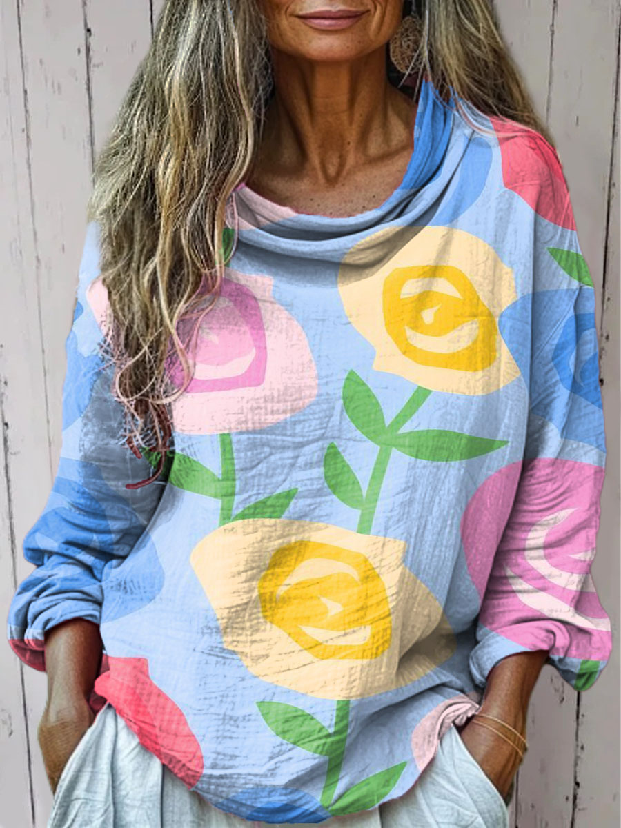 Women's Colorful Hand Drawn Roses Print Casual Long Sleeve Comfortable Cotton Shirt