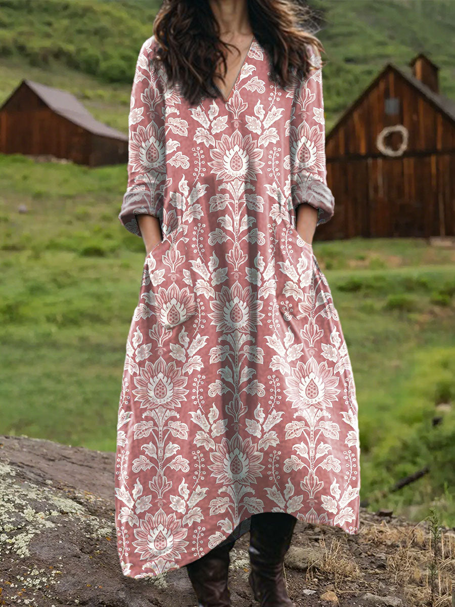 Women's Vintage Floral Art Print  Pocket V-neck Cotton Dress
