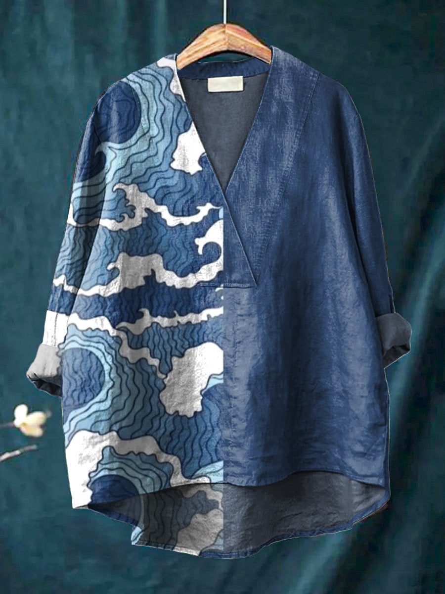 Japanese Sea Wave Art Printed Women's Casual Cotton And Linen V-Neck Shirt