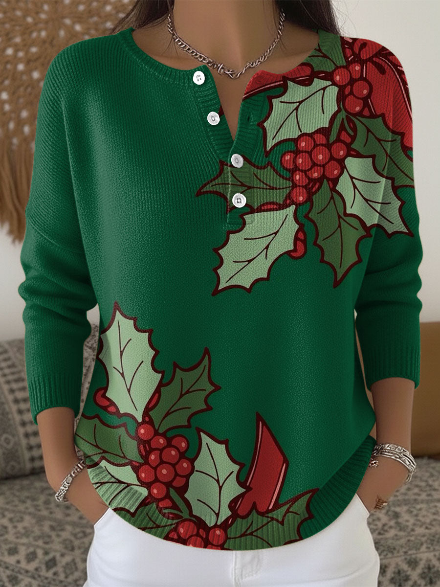 Women's Christmas Leaf Pattern Art Print Buttoned Cardigan Sweater