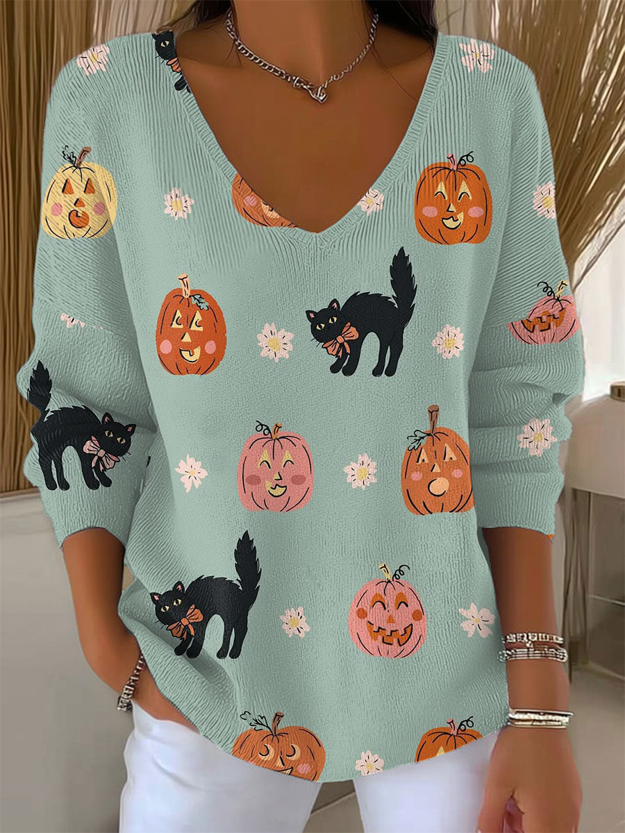 womens-vintage-halloween-cat-art-print-casual-pullover-sweater