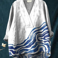 Watercolor Sea Wave Art Printed Women's Casual Cotton And Linen V-neck Shirt