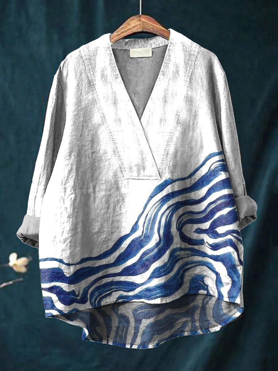 Watercolor Sea Wave Art Printed Women's Casual Cotton And Linen V-neck Shirt