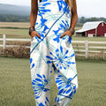 Women's Vintage Floral Art Print Casual 100% Cotton Wide Leg Jumpsuit