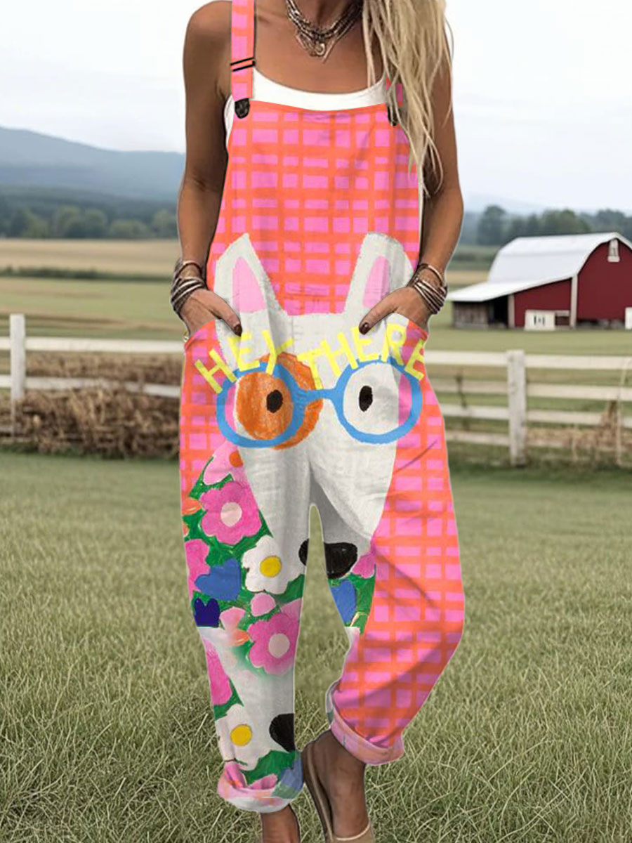 Women's  Funny Dog Art Print Casual 100% Cotton Wide Leg Jumpsuit