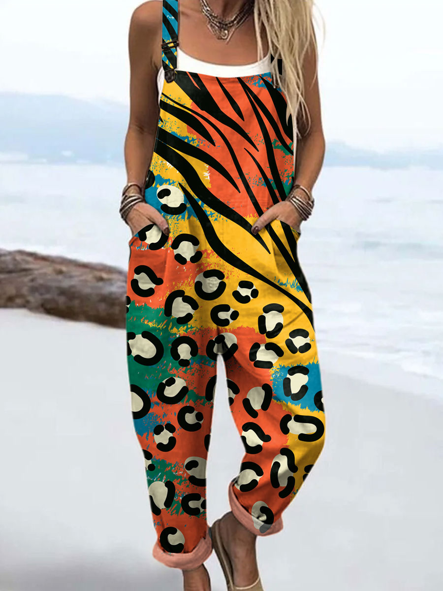 Women's Color Block Leopard Art Print Casual 100% Cotton Wide Leg Jumpsuit
