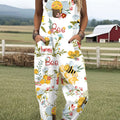 Women's  Bee Vintage  Flowers Art  Print Casual 100% Cotton Wide Leg Jumpsuit