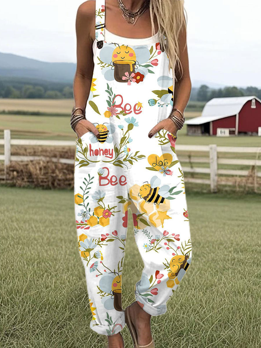 Women's  Bee Vintage  Flowers Art  Print Casual 100% Cotton Wide Leg Jumpsuit