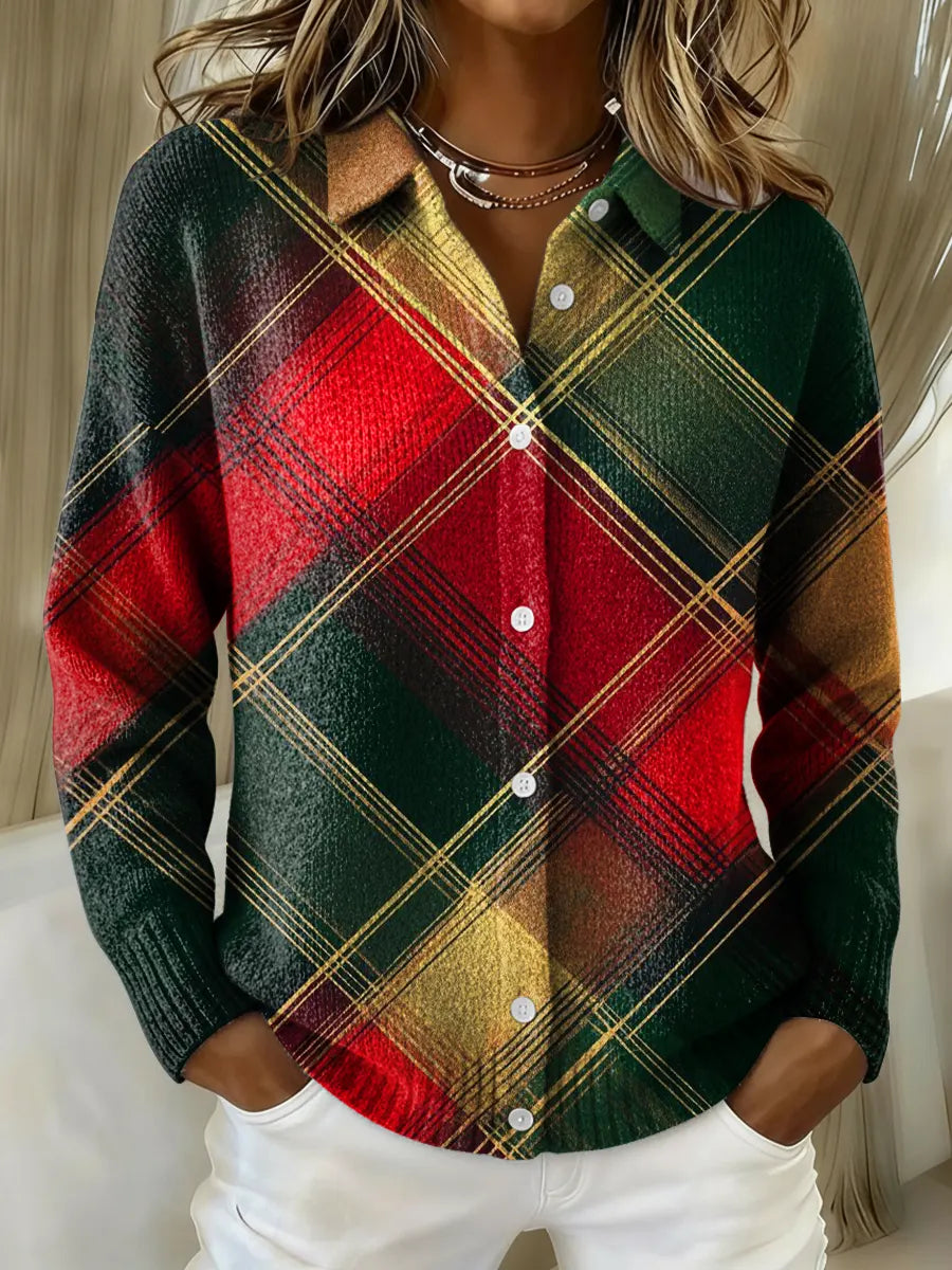 Women's Christmas Colors Printed Collared Sweater