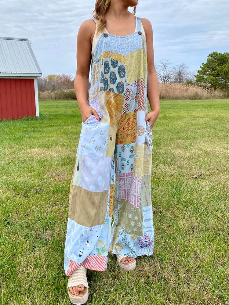 Women's  Boho Vintage Art Print Casual 100% Cotton Wide Leg Jumpsuit