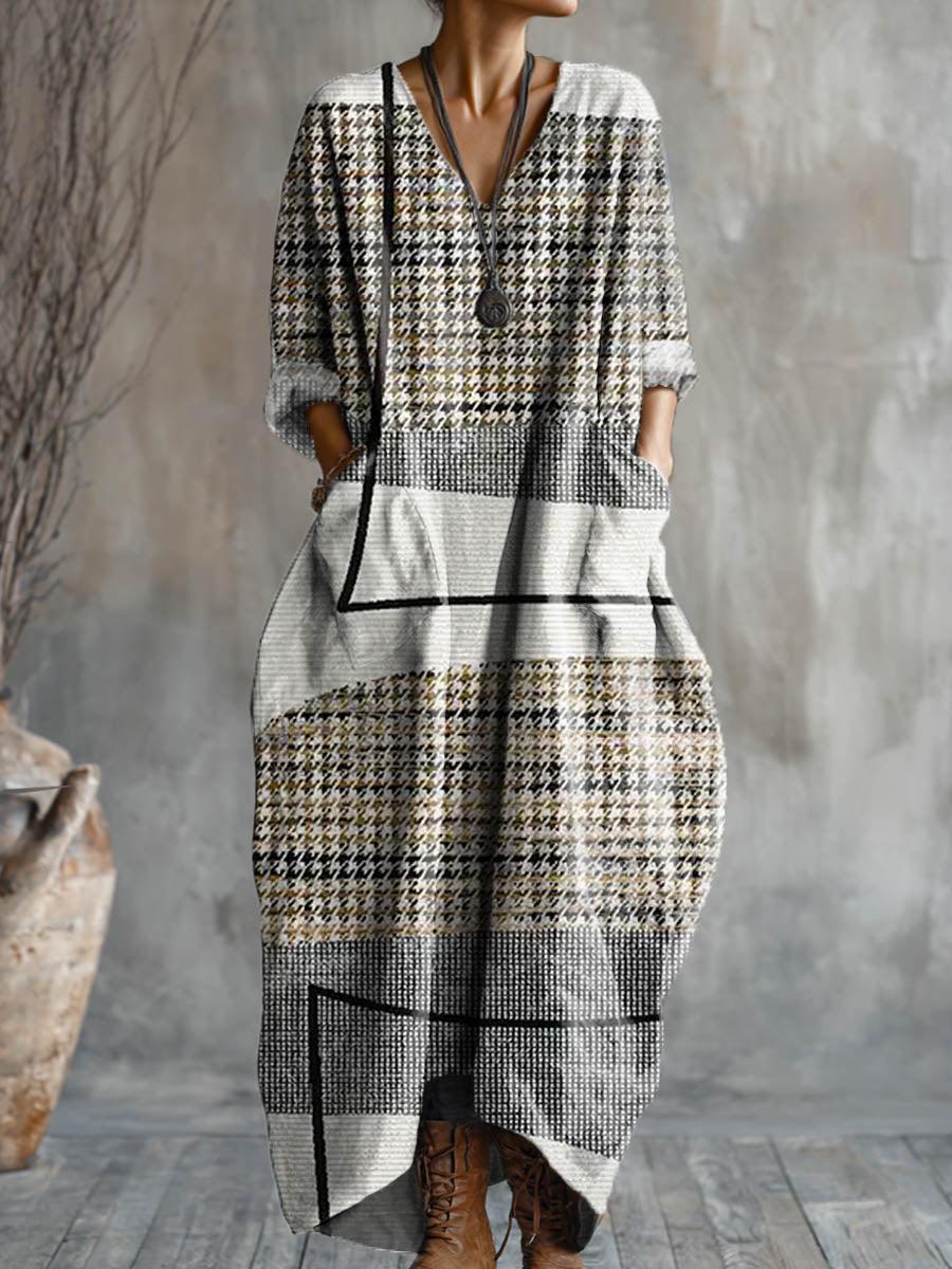 Women's Abstract Geometric Pattern Art Print Pocket V-neck Cotton Dress