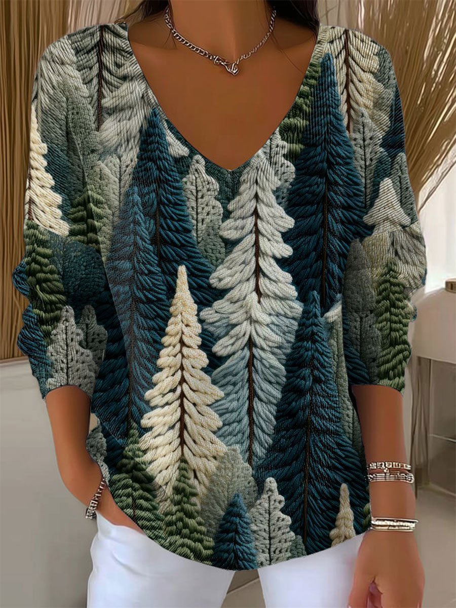 Women's Vintage Christmas Tree Art Print Casual Pullover Sweater