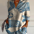 Women's Blue Minimalist Line Fish Print Casual Cotton Shirt