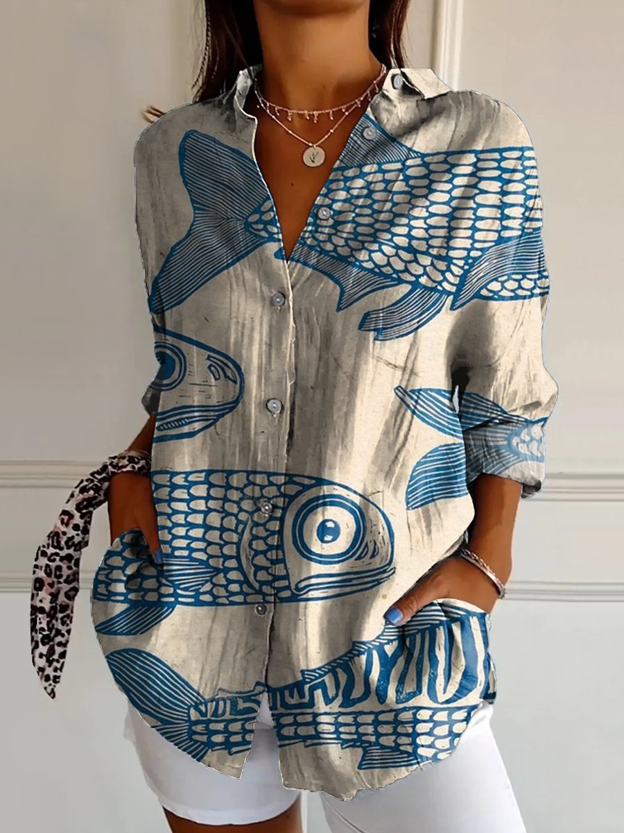 Women's Blue Minimalist Line Fish Print Casual Cotton Shirt