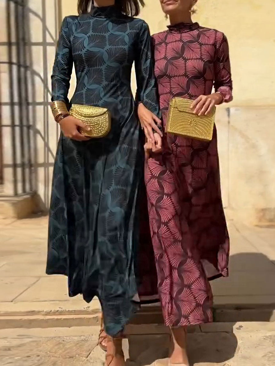 Women's Geometric Print Turtleneck Long Sleeve Casual Knit A-Line Dress