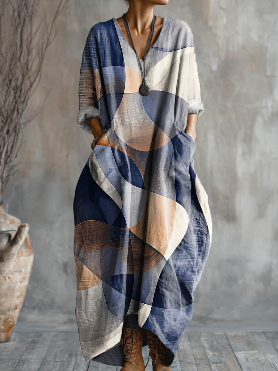 Women's Geometric Pattern Art Pattern Print Pocket V-neck Cotton Dress