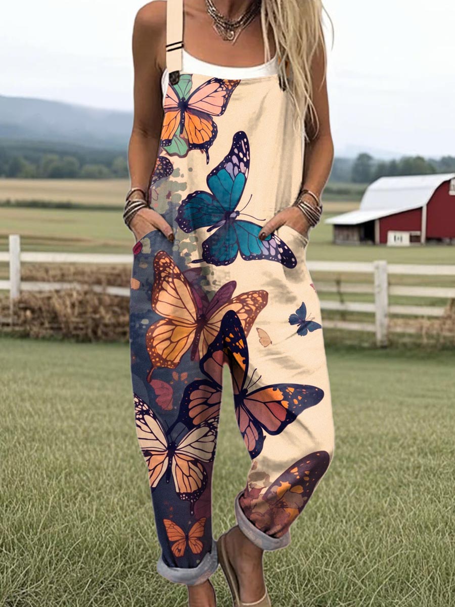 Women's Lovely Butterflies Pattern Art Print Casual 100% Cotton Wide Leg Jumpsuit