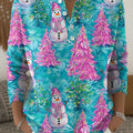 Women's Christmas Trees Snowman Pattern Art Print Buttoned Cardigan Sweater