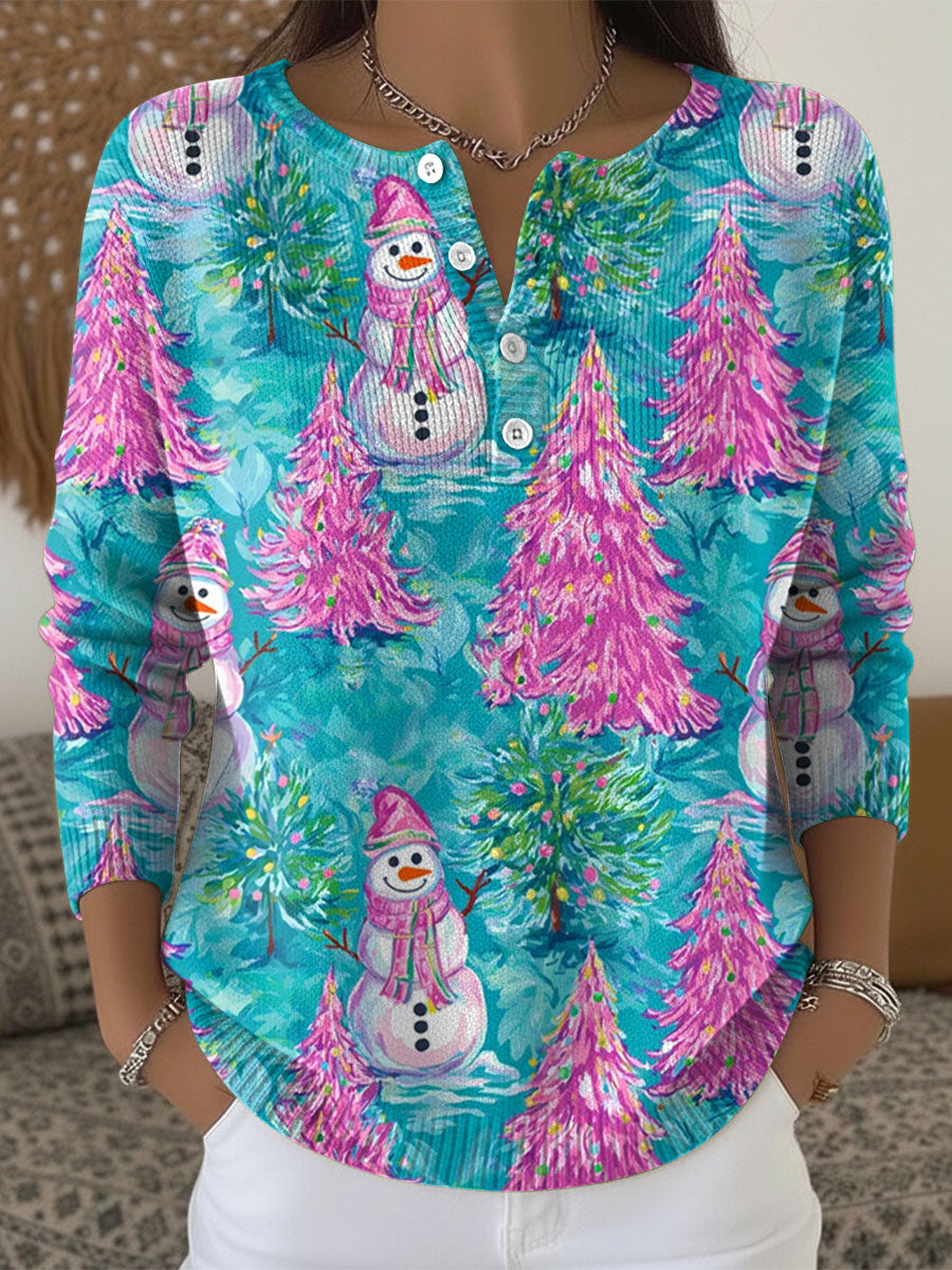 Women's Christmas Trees Snowman Pattern Art Print Buttoned Cardigan Sweater