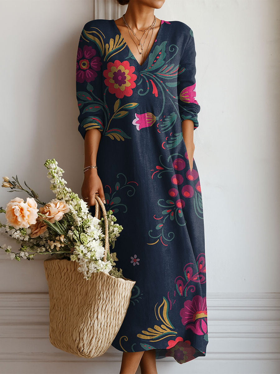 Women's Vintage Flowers Pattern Art Print Linen Pocket Dress