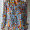 Women's Vintage Floral Animals Pattern Art Print Casual Cotton And Linen Ruffle Shirt