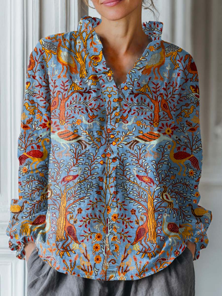 Women's Vintage Floral Animals Pattern Art Print Casual Cotton And Linen Ruffle Shirt