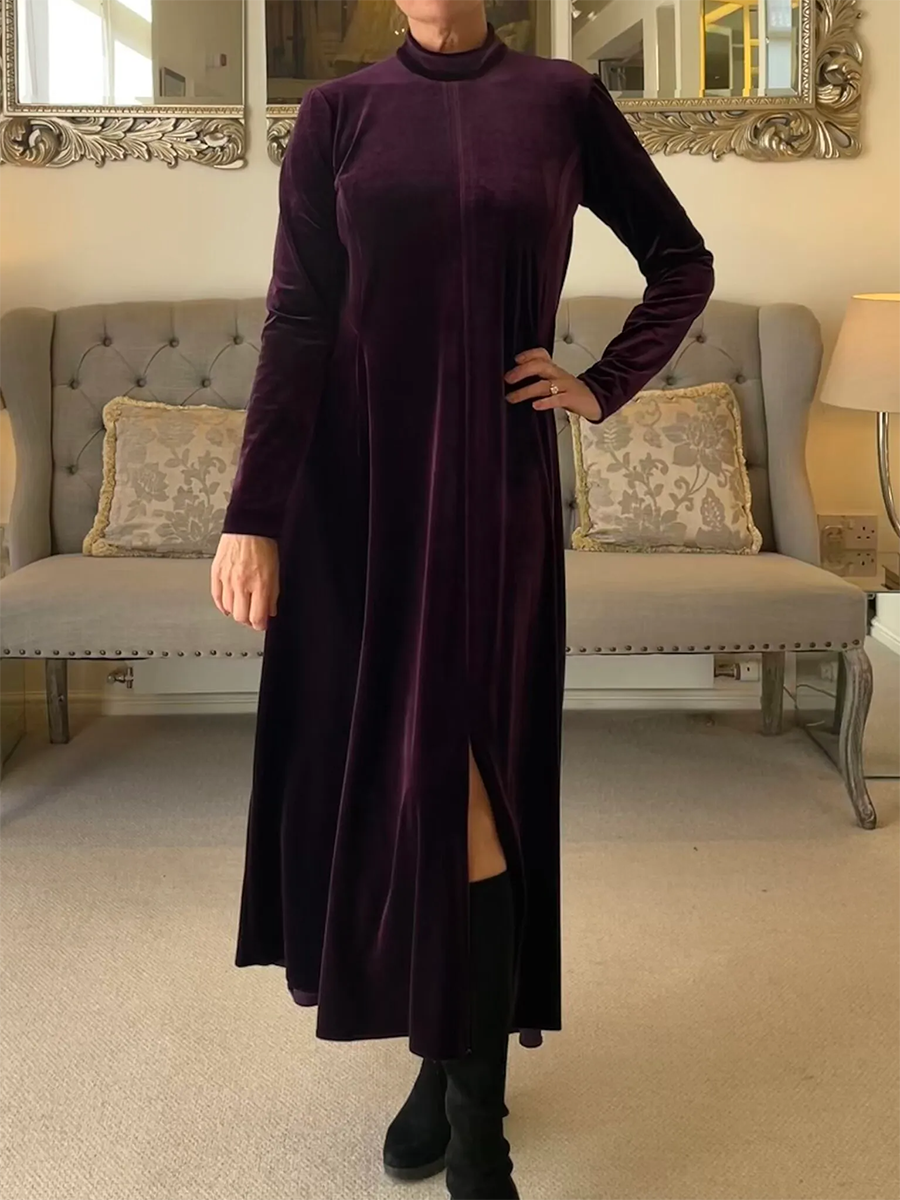 Women's Soft Velvet A-line Hem Slit Midi Dress