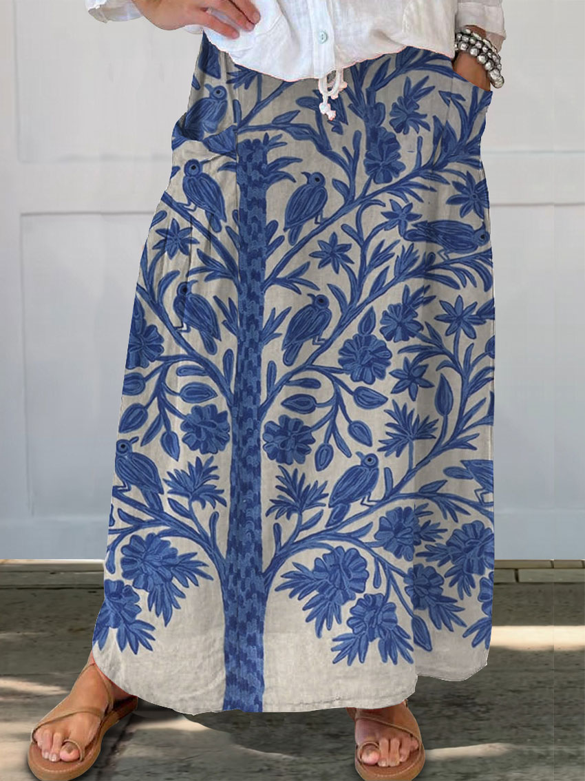 Women's Vintage Floral Art Print   Linen Pocket Skirt