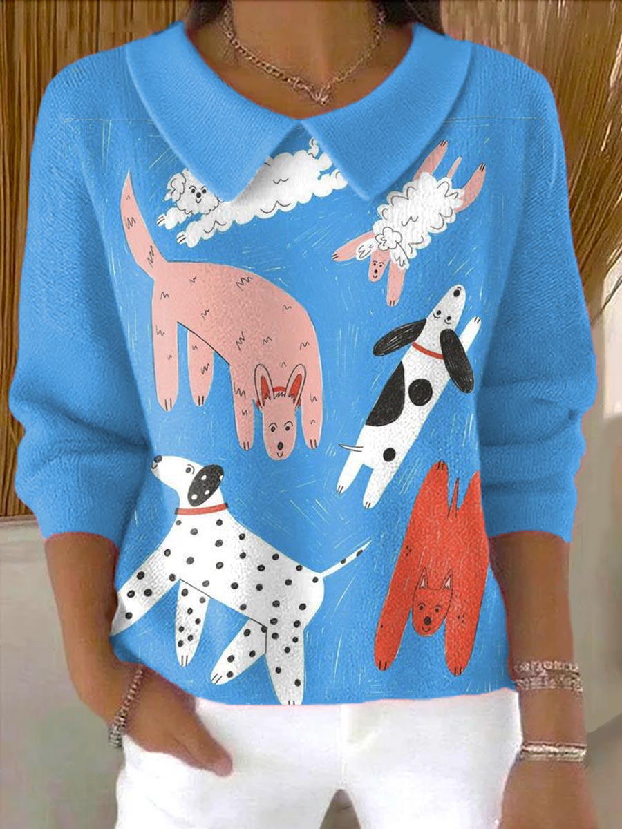 womens-lovely-dogs-art-print-casual-peter-pan-collar-3-4-sleeve-sweater