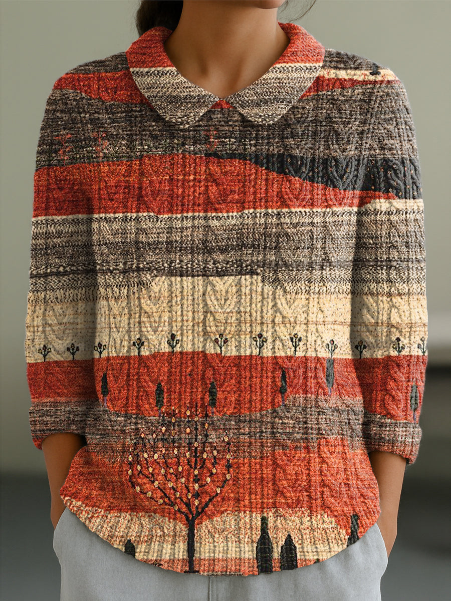 womens-vintage-abstract-landscape-painting-art-print-casual-peter-pan-collar-3-4-sleeve-sweater