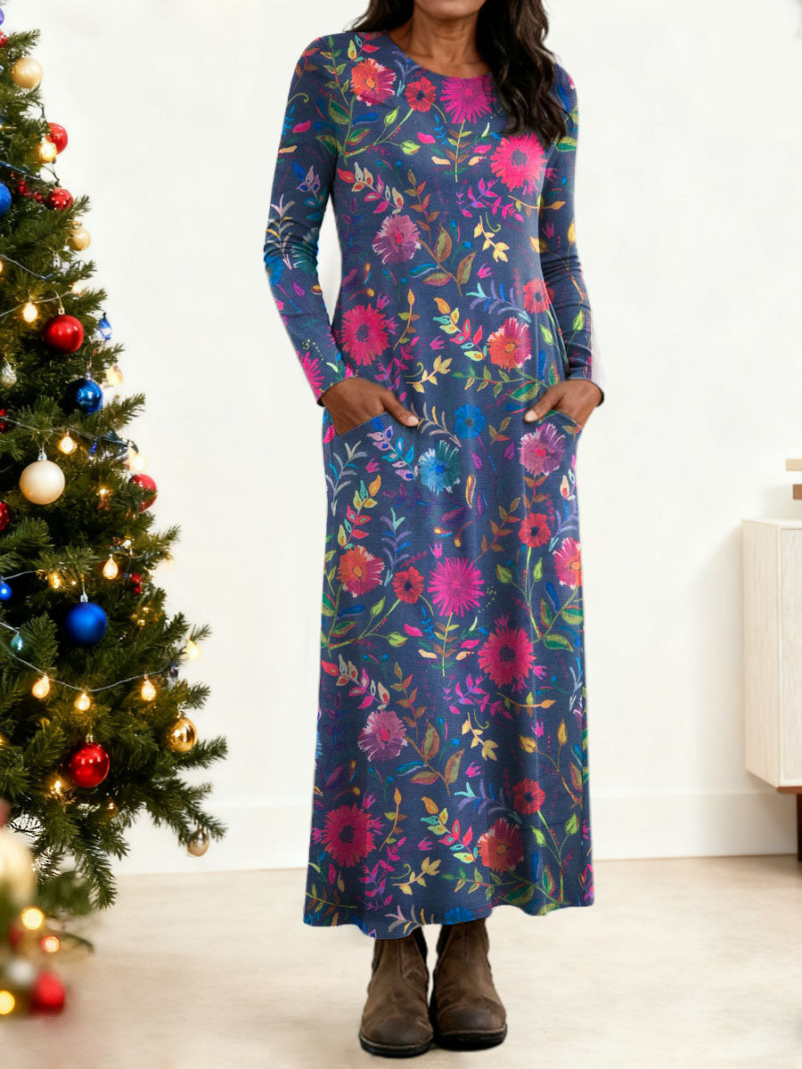 Women's Floral Pattern Art Print Long-sleeved Dress