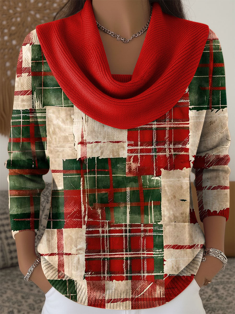 Women's Christmas Plaid Pattern Art Print Cowl Neck Sweater