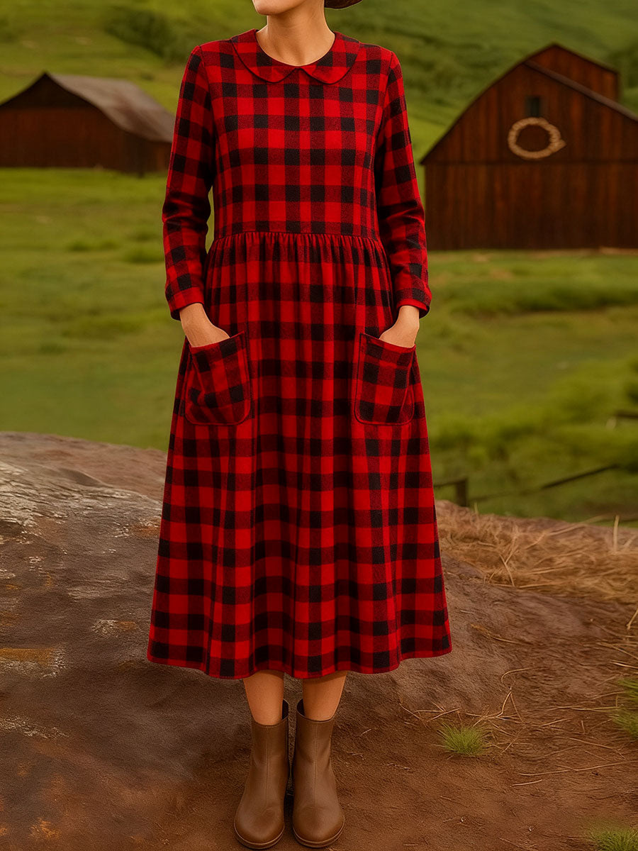 Women's Vintage  Plaid  Art Print Cotton Lapel Button-Down Shirt Dress