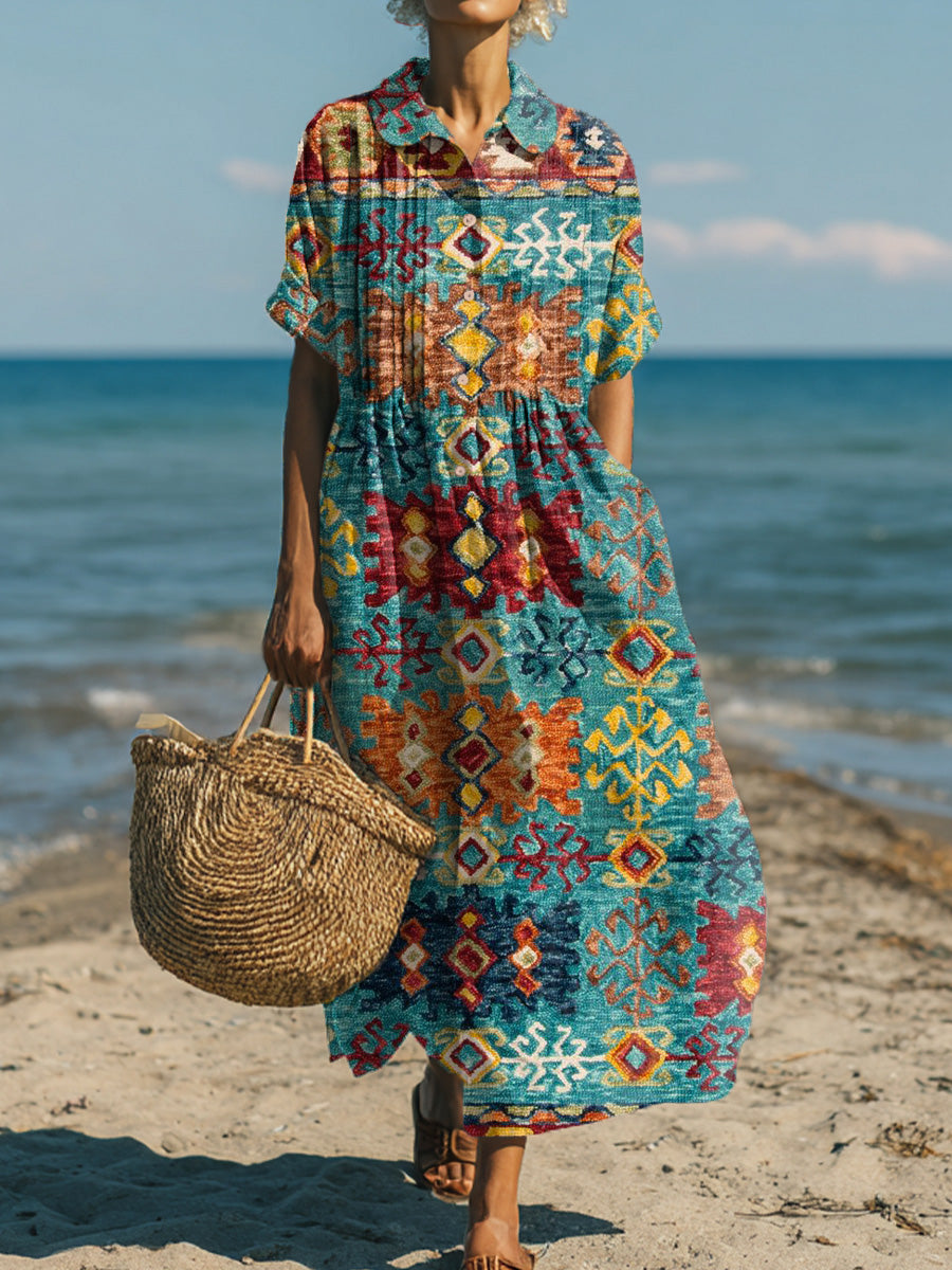 Women's Vintage Ethnic Multicolor Abstract Geometric Painting Art Print Dress