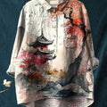 Ink Wash Style Plum Blossom And Temple Art Printed Women's Casual Cotton And Linen Shirt