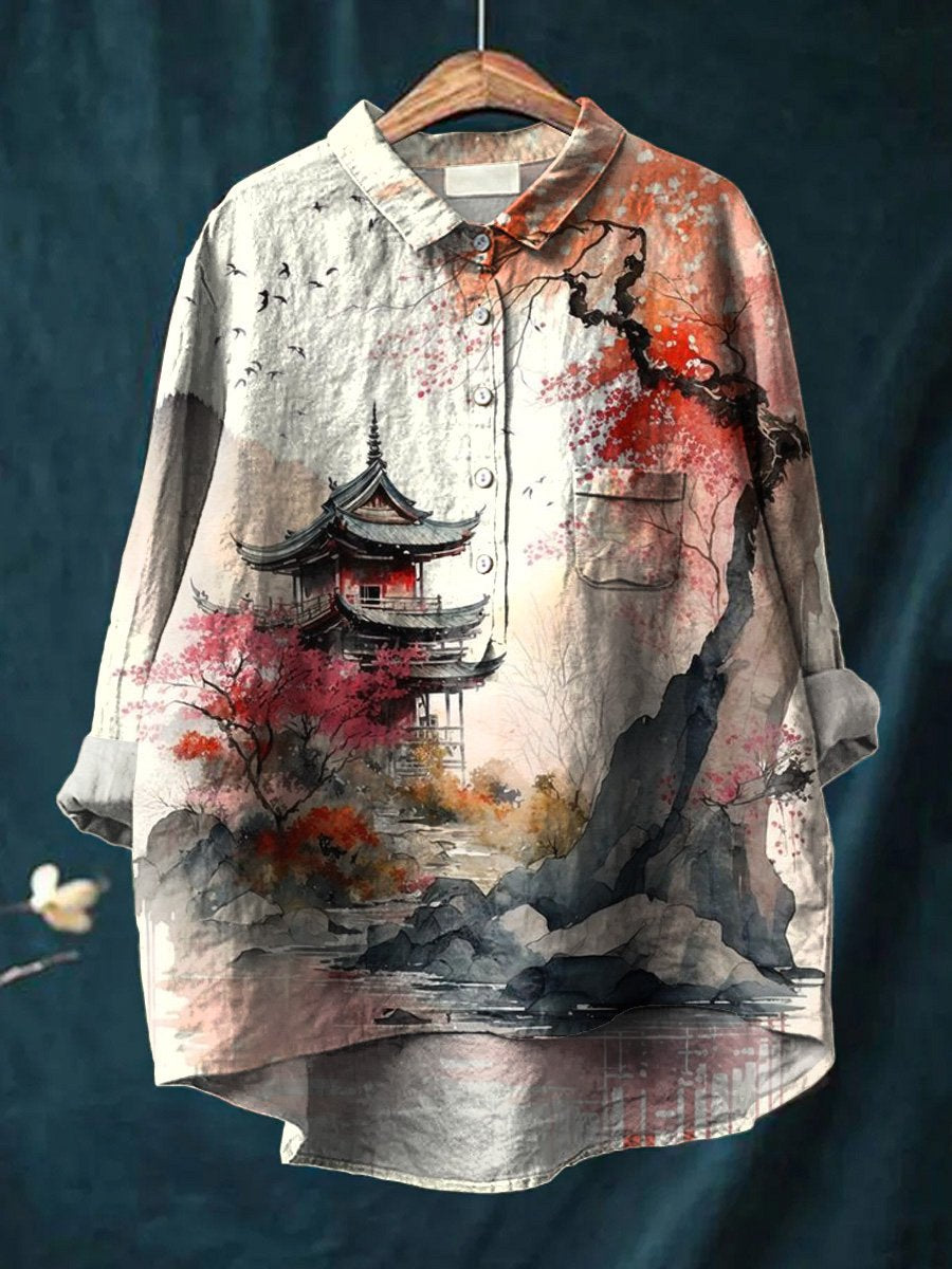 Ink Wash Style Plum Blossom And Temple Art Printed Women's Casual Cotton And Linen Shirt