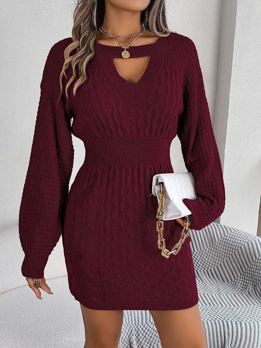 womens-hollow-lantern-sleeve-hip-sweater-dress
