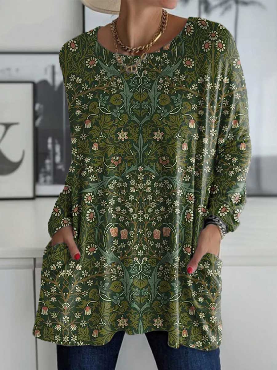 Women's Retro Floral Pattern Art Print Casual Long Sleeve T-shirt