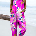 Women's Vintag Flower Art Print Casual 100% Cotton Wide Leg Jumpsuit