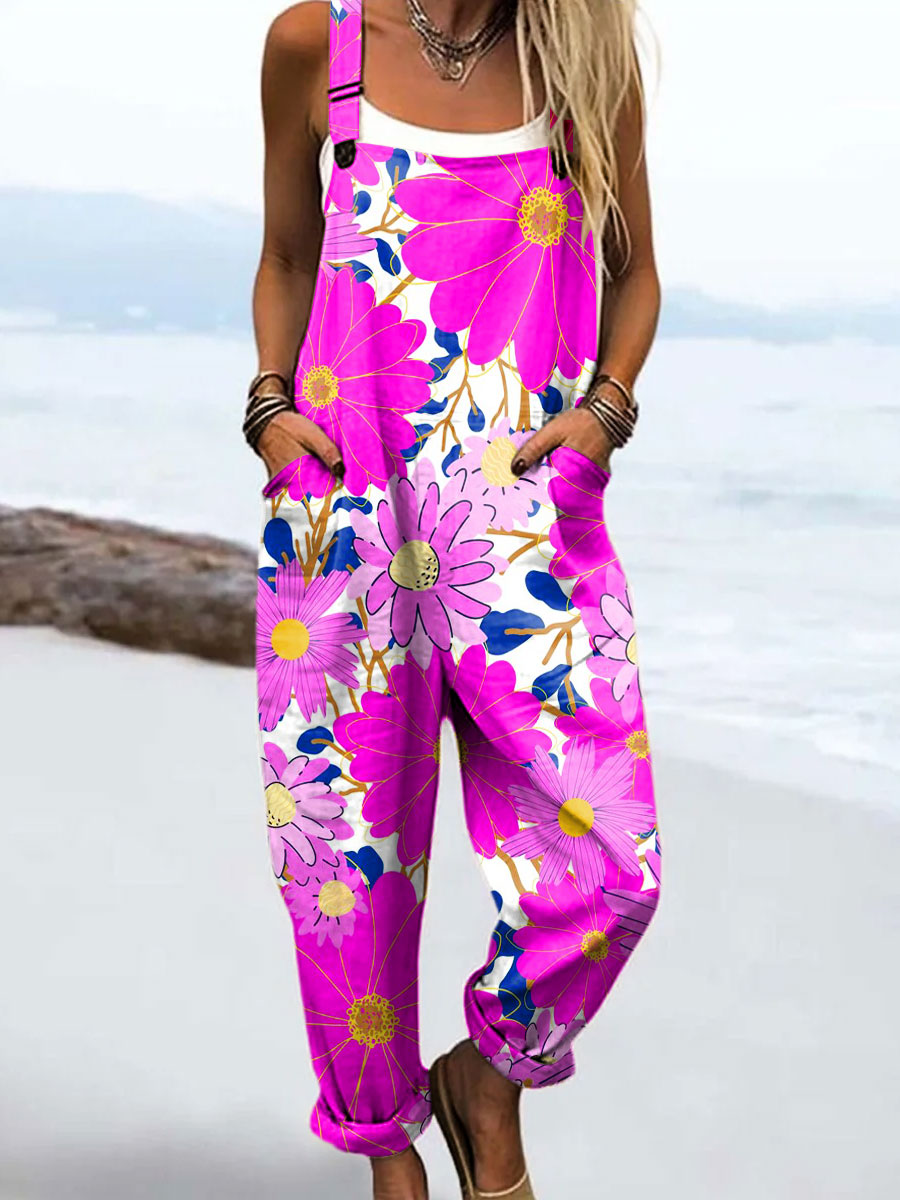 Women's Vintag Flower Art Print Casual 100% Cotton Wide Leg Jumpsuit