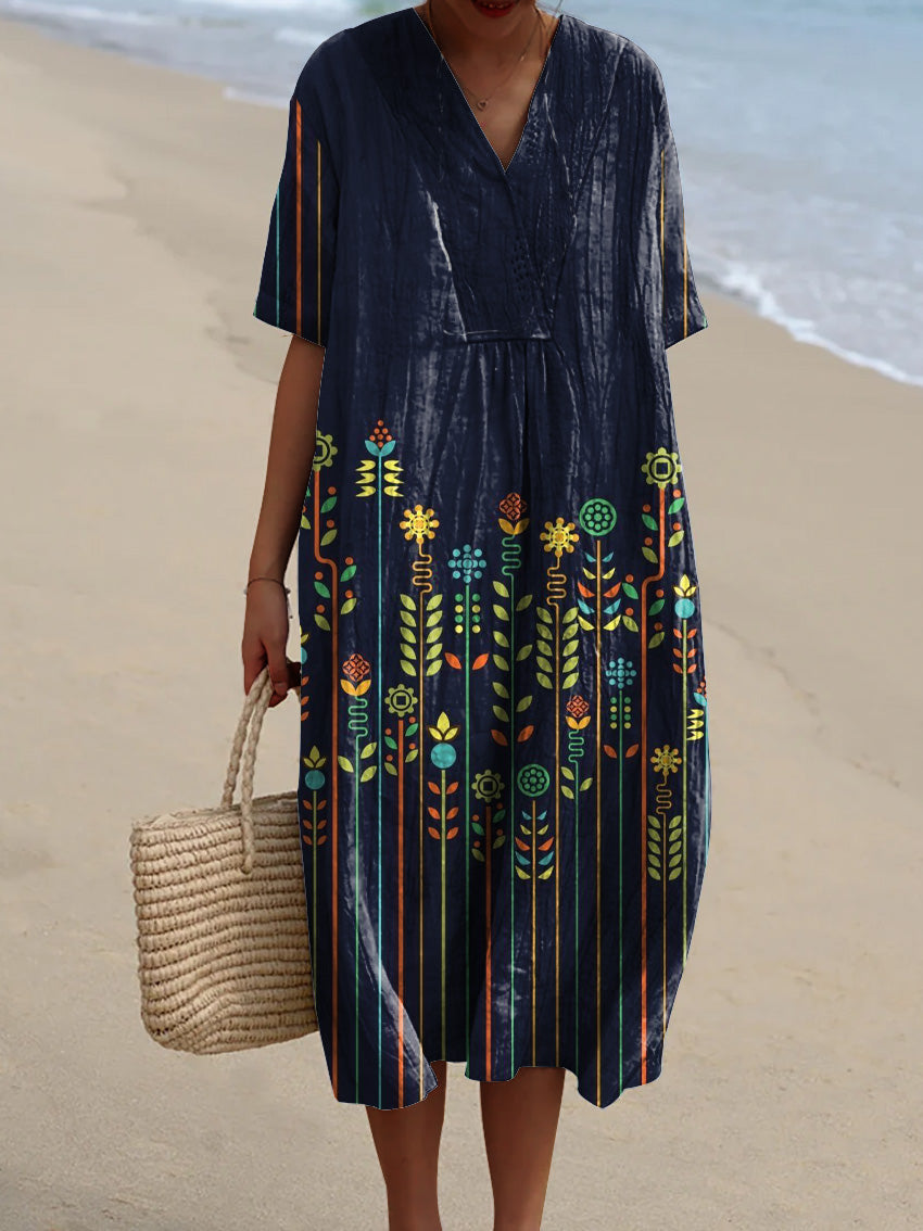 Geometric Floral Pattern Printed Women's Flowy Dress