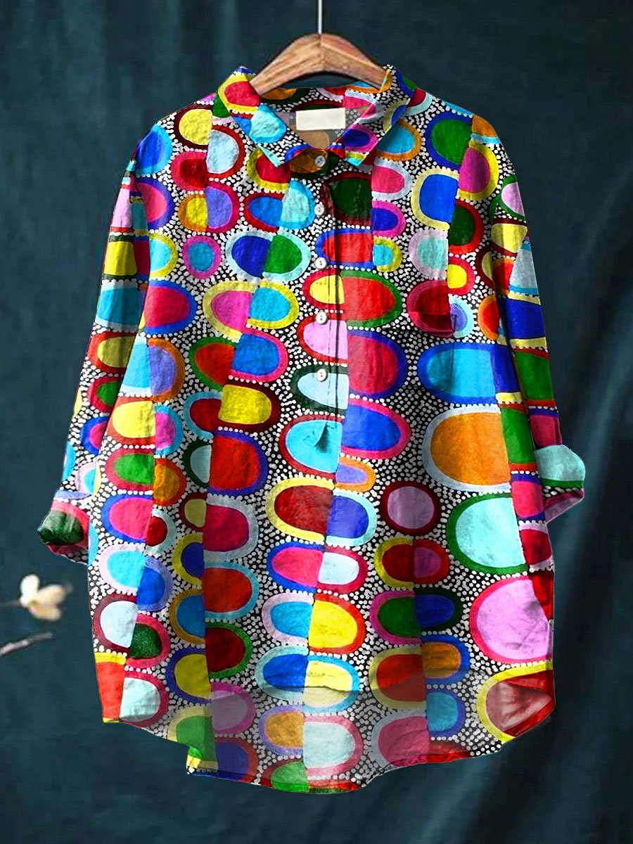 Women's Vintage Abstract Art Print Casual Cotton And Linen Shirt