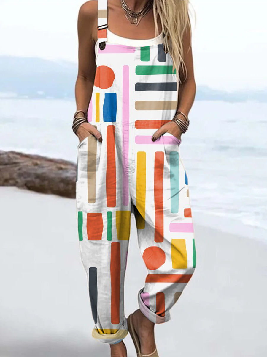 Women's Colourful Art Lines Print Casual 100% Cotton Wide Leg Jumpsuit