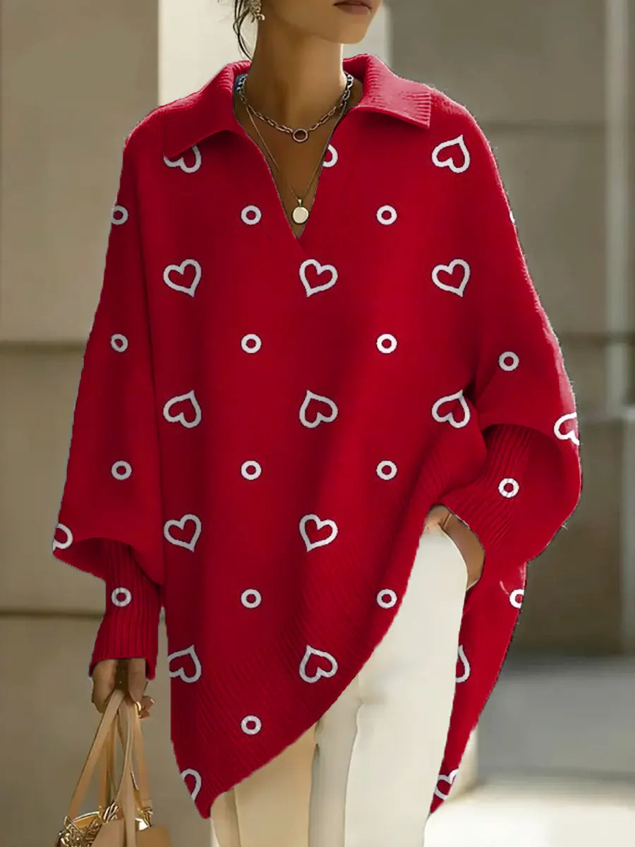 Women's Valentine's Day Heart Art Print Casual Knit Sweater