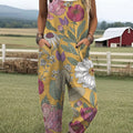 Women's  Vintage Flower Art Print Casual 100% Cotton Wide Leg Jumpsuit