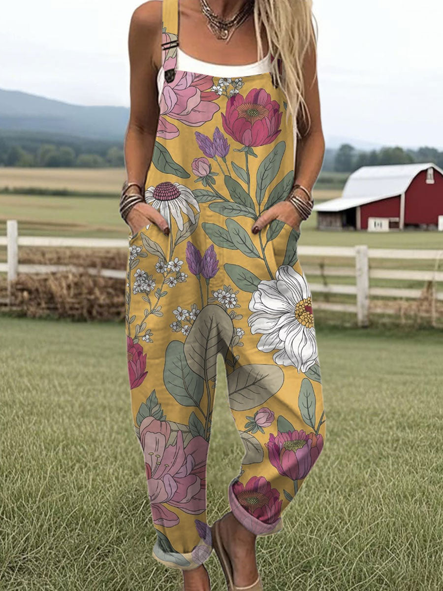 Women's  Vintage Flower Art Print Casual 100% Cotton Wide Leg Jumpsuit