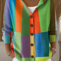 Women's Colorful Abstract Geometric Color Block Painting Art Print Casual Hooded Button Sweater