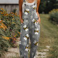 Women's  Vintage Flower Bee Art Print Casual 100% Cotton Wide Leg Jumpsuit